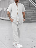 WIAOFELLAS  -  Mens Casual Cotton Linen Two Piece Sets Beach Vintage Basic Shirts and Pants Solid Color Casual Suit Male Hawai Tracksuits Set