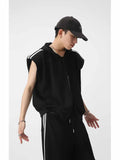 Wiaofellas  -  Summer Korea Casual Set Men Sleeveless Hooded Vest Jacket Baggy Stripe Wide Leg Pants Male 2pcs Sets High Street Sports Suit New