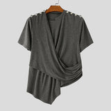 Wiaofellas  -  Men's Irregular T Shirt Solid Color Short Sleeve Button Male Tee Tops Summer Streetwear Knitted Fashion Men Clothes