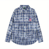 Wiaofellas  -  Retro American Workwear Shirt Men Women Loose Long Sleeve Tie Dye Plaid Outerwear Top Breathable Non Iron Polyester Fiber