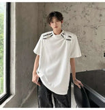 WIAOFELLAS  -  Stylish Men's T-shirts Metal Buckle Patchwork Round Collar Solid Color Niche Tops Short Sleeved Loose Male Tees