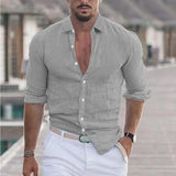 Wiaofellas  -  Men's Spring And Summer Cotton Linen Shirts New Men's Solid Color  Long Sleeve Shirt Loose Lapel Casual Beach Style Shirt
