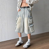 WIAOFELLAS  -  High Street Men's Jeans Big Multi-pockets Solid Color Wide Leg Worn-out Bottom Straight Washing Male Denim Shorts