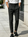 Wiaofellas  -  Men's Retro Black Business Casual Striped High-Waisted Straight-Fit Trousers with Drape Effect