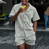 Wiaofellas  -  Summer Beach Casual Mens Two Piece Sets Short Sleeve Button Lapel Shirts And Shorts Striped Suits Men Leisure Loose Outfits