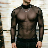 Wiaofellas  -  Autumn Warm Transparent Mesh High Neck Pullover Mens Daily Outdoor Slim Fit Long Sleeve Tops For Male Streetwear Vintage