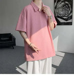 WIAOFELLAS  -  Trendy Summer Men‘s Solid Color Ice Silk Casual T-shirts New Fashion Turn Down Collar Short Sleeve Loose Tops Male