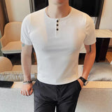 WIAOFELLAS  -  Summer Cotton Round Neck Men's Casual T-shirt Fashion Business Slim Fit Short Sleeve Elastic Solid Color Tees Tops Streetwear
