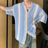 Wiaofellas  -  Summer Short Sleeve Hollow Out Knit Shirt Men Stylish Striped Contrast Collar Knitted Cardigan Mens Tops Fashion Button Shirts