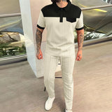 Wiaofellas  -  Men's New Waffle Color Patchwork Lapel Button Polo Shirt Short Sleeve Shirt Solid Color Trousers Two Men's Suit