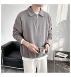Wiaofellas  -  Men Lapel Half Zip Polo Sweatshirt Long Sleeve Loose Casual Ins Fashion Pullover Tops