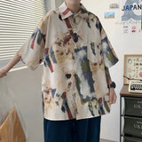 Wiaofellas  -  Retro Oil Painting Printed Short-sleeved Shirt Men's Trendy Street Loose Lazy Style Top