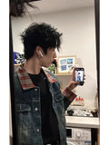 WIAOFELLAS  -  Retro American Design Spring Plaid Patchwork Distred Denim Jaet Men Loose Cool Couple Outerwear Long Sve Button up