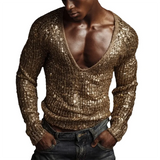 Wiaofellas  -  Sexy Deep V Neck Sequin T Shirts Mens Long Sleeve Solid Color Glitter Tee Shirt Spring Autumn Men Party Fashion Shiny Tops