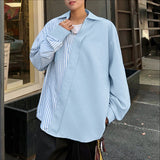 WIAOFELLAS  -  Men Shirt Striped Patchwork Lapel Long Sleeve Men Clothing Streetwear Korean Style Fashion Oversize Shirts Casual Tops