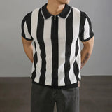 WIAOFELLAS  -  Men's Half-Zip Striped Knitted Short-Sleeved Polo Shirt American Retro Fashion Trend Casual Simple Loose Breathable Men's Tops