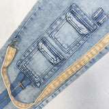 Wiaofellas  -  Hip Hop Streetwear Men Color Block Patchwork Cargo Jeans Multi Pocket Zipper Strap Slim Straight Denim Pants