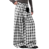 Wiaofellas  -  Men Plaid Pants Button Joggers Loose Casual Wide Leg Trousers Men Pleated Streetwear Baggy Fashion Wide Leg Pants