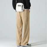 WIAOFELLAS  -  Men's Clothing Spring Autumn Straight Trousers Cargo Solid Color Elastic Pocket High Waisted Casual England Style Cropped Pants