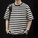 Wiaofellas  -  Men's new summer striped short-sleeved T-shirt loose large size men's fashion brand all-match men's T-shirt