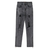 WIAOFELLAS  -  Jeans Men Side Zipper Hole American Retro Washed Denim Trousers All-match High Street Hip Hop Punk Style Full Length Autumn New