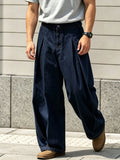 Wiaofellas  -  Men Neapolitan High Waist Double Pleat Straight Leg Suit Pants Stretch Elastic Waist Denim Daily Street Casual Trousers