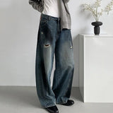 WIAOFELLAS  -  Spray Painted Deconstruction Jeans Men's Loose Straight Leg Washed Design Holes Contrats Color Male Denim Pants
