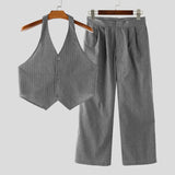 WIAOFELLAS  -  Men Sets Striped V Neck Sleeveless Crop Tops Vests & Pants Two Pieces Sets Streetwear Fashion Men's Casual Suits