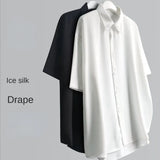 Wiaofellas  -  Ice Silk Short-sleeved Shirts Men's Non-ironing Drape Solid Color Five-quarter Sleeve Shirt Oversized All-match Loose T-shirt