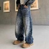 Wiaofellas  -  Unisex Vintage Crack Lightning Print Baggy Jeans High Waist Curved Banana Wide Leg Loose Oversized Streetwear Denim Trousers