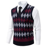 Wiaofellas  -  Men's Knitted Warm Sweater in Autumn and Winter V-neck Vest Diamond Grid Twisted Flower Casual Fashion Versatile Top