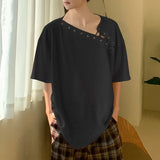 WIAOFELLAS  -  Men T Shirt Solid Short Sleeve Drawstring Lace Up Loose Male Tee Tops Streetwear Summer 2025 Korean Style Men Clothing