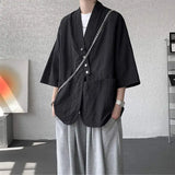 WIAOFELLAS  -  Niche Design Men's Shirts V-neck Solid Color Button Desig Ice Silk Big Pocket Casual Male Tops Summer Menswear