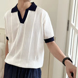 Wiaofellas  -  Summer Men's Knitted Polo Shirt Contrast Color Lapel V-Neck Hollow Out Mesh Short Sleeve Casual Breathable Slim Fit Fashion Tops