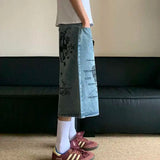 WIAOFELLAS  -  Pattern Printing Men's Denim Shorts American Style Casual Straight Leg Loose Contrast Color Streetwear Male Jeans