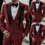 Wiaofellas  -  New Arrival Red Plaid Men Suits Peak Lapel Single Button Suit 3 Piece Daily Casual Party Wedding Tuxedo (Jacket+Vest+Pants)