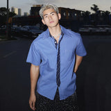 WIAOFELLAS  -  Plaid Design Men's Shirts Fake Tie Design Pocket Short Sleeved Contrast Color Casual Single Breasted Loose Male Top