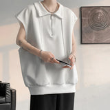 WIAOFELLAS  -  Drawstring Design Men's Tank Tops Lapel Solid Color Half Zipper Sleeveless Loose Male Pullover Vest Summer Menswear