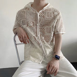 WIAOFELLAS  -  Trendy Men's Lace Hollow Out Heavy Industy Design Shirts Fashion Short Sleeves Hooded Loose Tops Male Summer