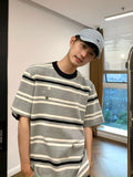 Wiaofellas  -  Retro Japanese Grey Striped Patchwork Button Casual Short Sleeve round Neck Loose Pure Cotton T-Shirt for Men And Women