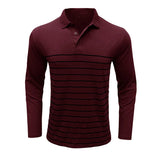 Wiaofellas  -  Men Striped Print Lapel Collar Long Sleeve Polo Shirt Autumn Winter Casual Daily Top