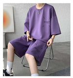 WIAOFELLAS  -  Fashion Men's Suit Solid Color Letter Print O-neck T-shirt Trendy Drawstring High-waisted Shorts Set Male Summer