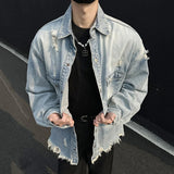 WIAOFELLAS  -  Niche Design Men's Denim Coats Solid Color Holes Raw Edge Pocket Single Breasted Casual Menswear Loose Male Jackets
