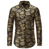 Wiaofellas  -  Men Long Sleeve Shirts Floral Bronzing Turndown Collar Mens Dress Shirt Stage Male Luxury Clothes Chemise Hemd Homme Shirts S62