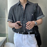 WIAOFELLAS  -  Vintage Summer Men's Solid Color Pockets Denim T-shirts Fashion Single-breasted Lapel Short Sleeves Tops Male