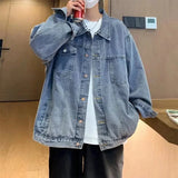 WIAOFELLAS  -  Loose Long Sleeve Men's Denim Jacket Autumn Style Casual Outerwear Teenagers Fashion Hong Kong Style Jeans Coat for Men