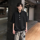 WIAOFELLAS  -  Fashion Men's Solid Color Button American Style T-shirt Trendy Stand Colar Short Sleeves Casual Top Male 2025 Summer