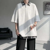 WIAOFELLAS  -  Fashion New Men's Spliced Plaid Fake Two Pieces Casual T-shirt Trendy Turn Down Collar Short Sleeve Tops Male Summer