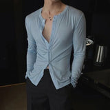 Wiaofellas  -  Vintage Mens Long Sleeve Slim Fit Shirts Sexy See Through Thin Tops Men Summer New Casual Pure Color Button-up O Neck Shirt