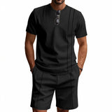 Wiaofellas  -  Men's Waffle Knit 2 Piece Outfits Casual Short Sleeve T Shirt and Shorts Set